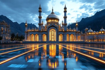 Naklejka premium A 3D-rendered model of a grand Hindu temple with detailed carvings and glowing lights, set against a twilight sky