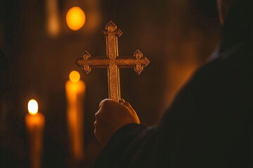Priest with a solemn expression holding an ornate cross, candle-lit background, reverent and traditional