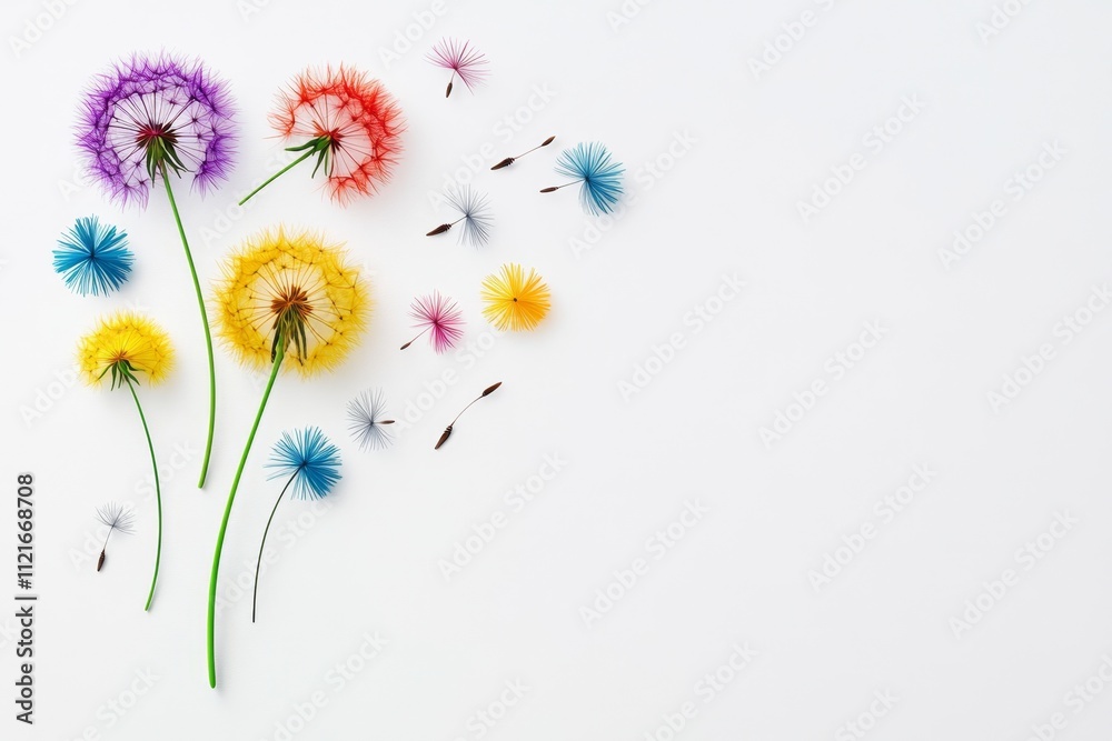 Aufkleber A cheerful 2D illustration of a dandelion puff with seeds floating playfully in the air, drawn with vibrant colors on a white background