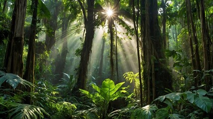 Fototapeta premium Sunbeams Filtering Through Lush Rainforest Canopy