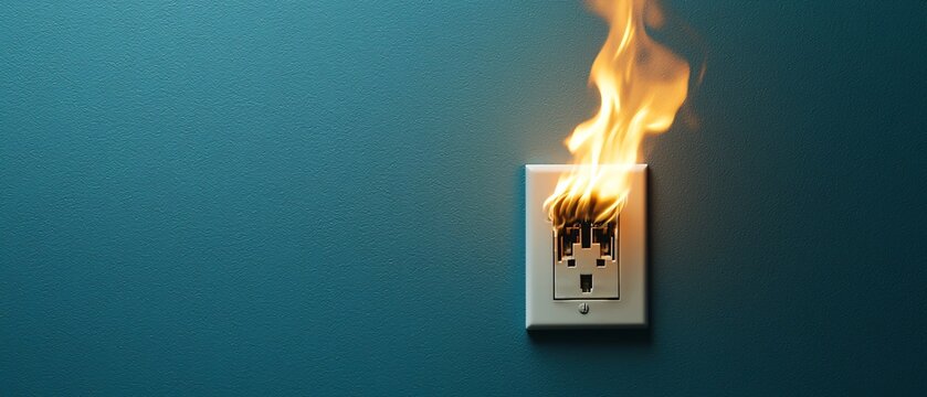 Electrical Mistakes concept. Burning electrical outlet against a blue wall.