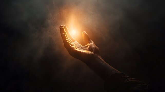 Person holding glowing light in dark environment showcasing hope. Generative AI - Powered by Adobe