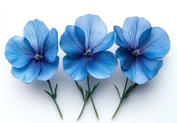 Three Delicate Blue Flowers on a White Background