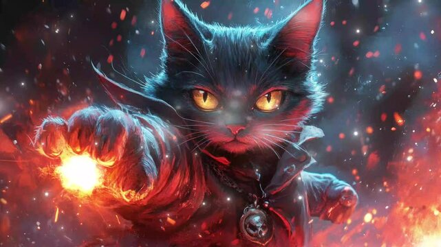 A wizard cat unleashes magic to confront a daunting monster in battle. glitch stream overlay seamless loop Vtuber streamer asset twitch zoom OBS screen animated wallpaper virtual background