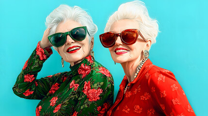 Obraz premium Two stylish elderly women in vibrant outfits