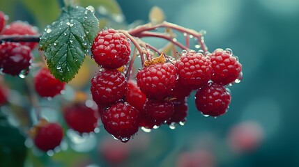 Extreme macro shot captures fresh red raspberries on branch with detailed texture, dewdrops, and natural green bokeh background in botanical photography style.