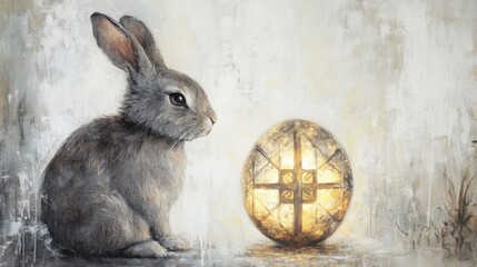 Acrylic-painted bunny gazing at a glowing cross-patterned egg, surrounded by soft textures on white