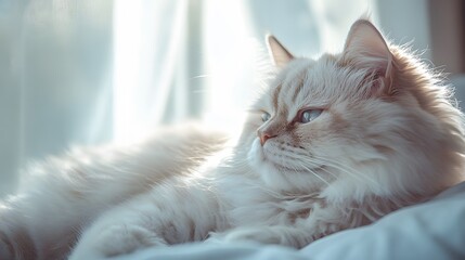 Obraz premium Golden British longhair cat sleeps peacefully on white bedding, showcasing cream-colored fur and fluffy features in soft&nbsp;morning light with cozy atmosphere.