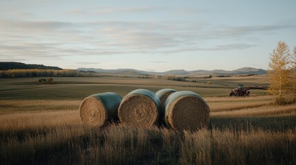 A red tractor pulls several large hay bales along a dirt path in a wide-open field. The landscape features lush greenery and soft clouds overhead, showcasing a typical rural setting