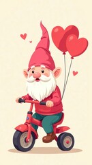 Vertical illustration. A cute cartoon dwarf with a white beard and a pink hat rides a children's tricycle and carries balloons in the shape of hearts as a gift. Valentine's Day Greeting Card