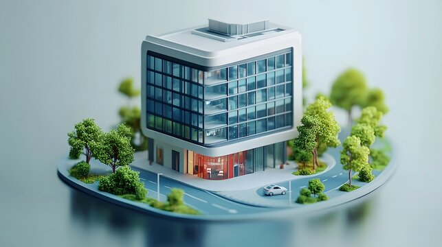 Modern office tower rendered as isometric 3D miniature with low poly style, featuring white-blue color scheme, red accents, tiny trees and architectural model aesthetics.