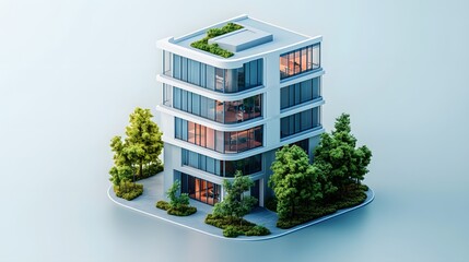 Modern office tower rendered as isometric 3D miniature with low poly style, featuring white-blue color scheme, red accents, tiny trees and architectural model aesthetics.