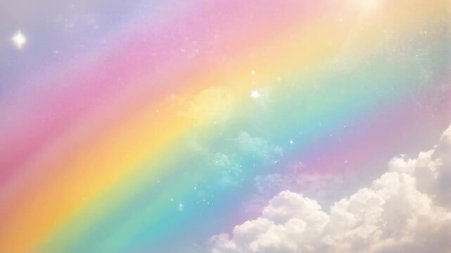 Rainbow with fluffy clouds and magic stars on pastel sky background. Cute concept for children birthday, nursery, baby shower, kindergarten, school. Symbol of LGBT community. International Pride Day
