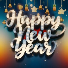 Stylish Happy New Year Text Art with Bright Colors and Playful Festive Decorations