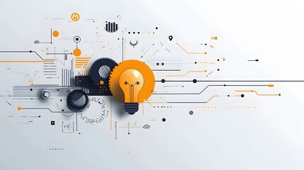 Minimalist line drawing combines light bulb with mechanical gears and directional arrows in black and gold, representing wisdom and innovation through technical illustration.