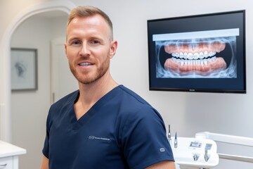 A dentist fitting a patient with clear aligners for orthodontic treatment, with a 3D model displayed on a nearby screen