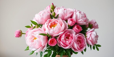 A fresh bunch of pink peonies and roses with lush greenery arranged in a vase, peony bouquet, floral arrangement