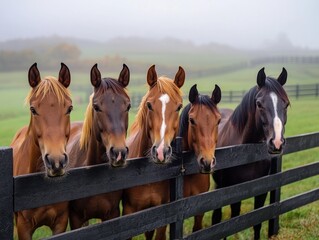 Four Horses Gaze Over a Misty Field