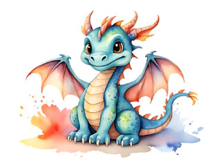 Fototapeta premium Cute Watercolor Dragon Clipart on Transparent Background - Adorable Fantasy Design for Creative Projects