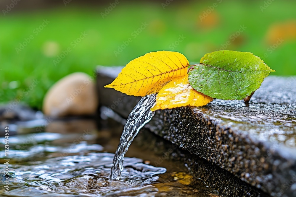 Poster a detailed image of water trickling from a leaf after a light rain, symbolizing the interconnected s