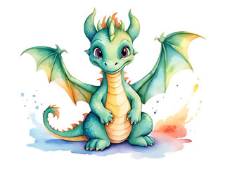 Fototapeta premium Cute Watercolor Dragon Clipart on Transparent Background - Adorable Fantasy Design for Creative Projects