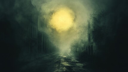 Naklejka premium Foggy, dark street; ominous yellow moon.