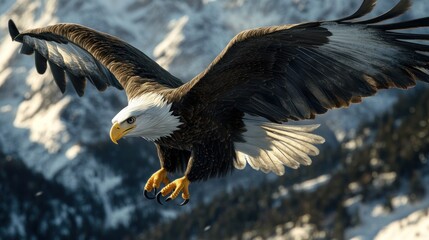 Fototapeta premium Bald Eagle Soaring Over Snowy Mountains