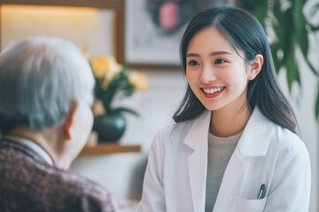 The young Chinese woman takes an elderly patient in a hospital or hospital and smiles