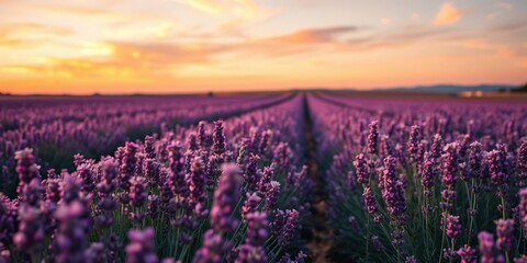 A kaleidoscope of hues dance across the vibrant lavender field as day succumbs to twilight, warm light, lavender fields, natural scenery