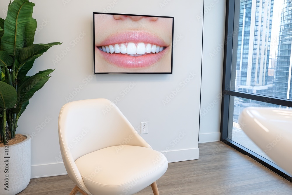 Poster A digital display showing before-and-after images of a patient smile transformation, placed beside a dental chair