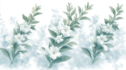 Serene minimalist floral photography, delicate white flowers on a pristine white backdrop for elegant artistic design