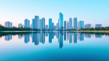 Fototapeta premium Modern City Skyline Reflected in Calm Water at Dusk with Tall Buildings and Lush Greenery Surrounding Urban Landscape, Vibrant Blue Sky and Serene Atmosphere