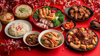 Fototapeta premium Happy Chinese new year. Asian family dinner food for prosperity celebration festival isolated on red decoration traditional festival background.