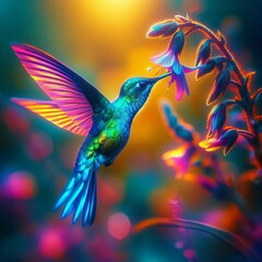 Fototapeta premium 124 Holographic Hummingbird A hummingbird feeding from a flower