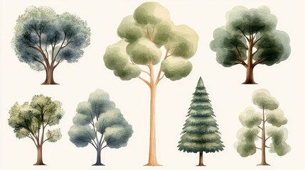 Fototapeta premium Watercolor trees set, vibrant collection for artistic natureinspired projects and creative design