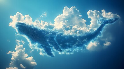 Naklejka premium Majestic whale-shaped cloud formation floats in vibrant blue sky, featuring pure&nbsp;white fluffy cumulus clouds on clear summer day with natural sunlight and dreamy atmosphere.
