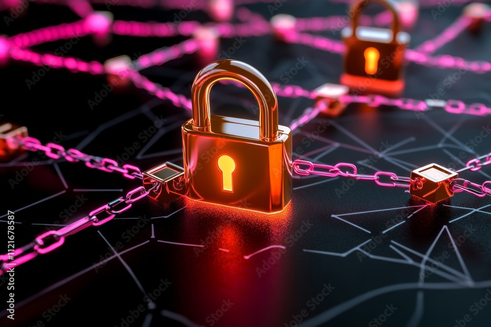 Poster A flat design of a secure database network, featuring glowing locks and arrows symbolizing connections