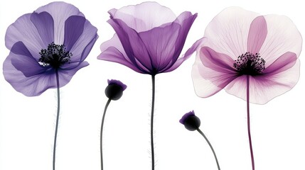 Exquisite still life, three purple and white flowers in full bloom against a bright white background