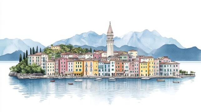 Watercolor sketch of rovi, italy, a charming depiction of italian architecture and serene ambiance