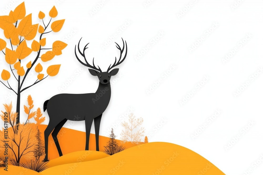 Poster A flat vector design of a deer in a forest, with minimal shading and a clean, crisp white canvas