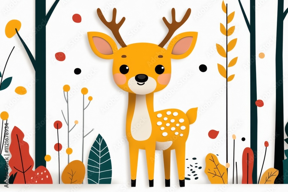 Poster A flat vector design of a deer in a forest, with minimal shading and a clean, crisp white canvas