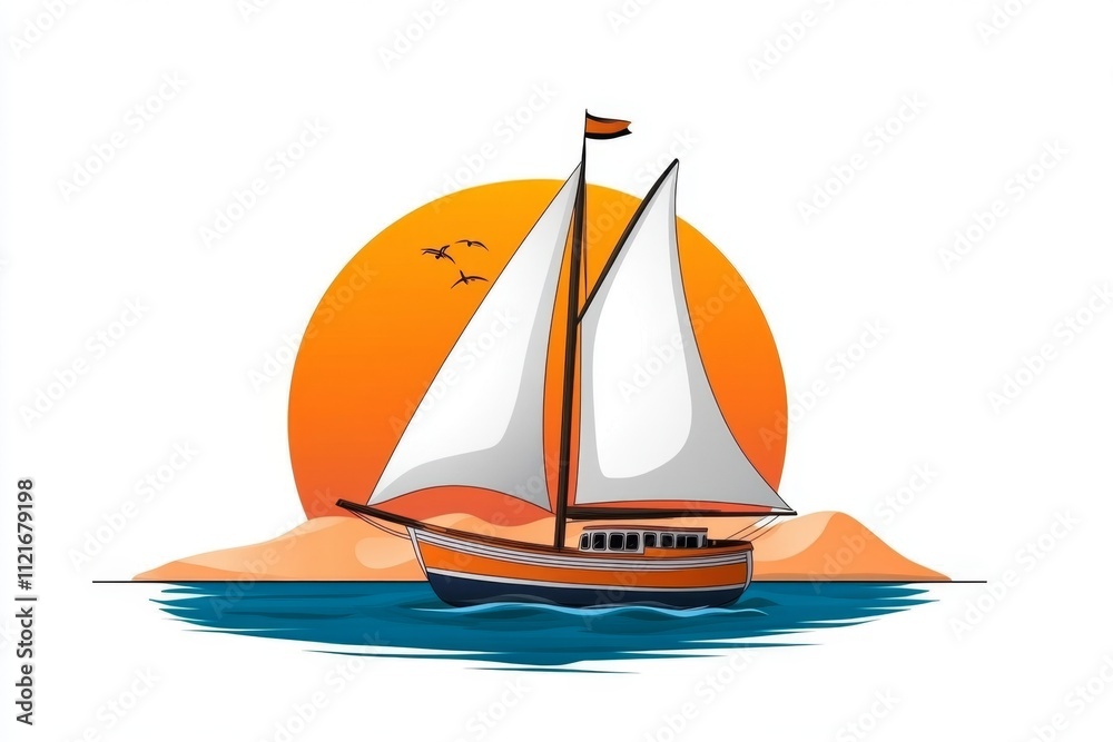 Poster A flat vector of a dhow sailing against a desert skyline, with simple shapes and bold colors set on a white background