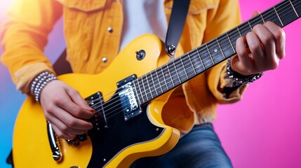 Obraz premium Person Playing Electric Guitar with Vibrant Background