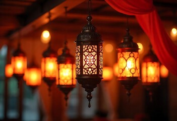 Hanging Ornate Lanterns with Red Fabric