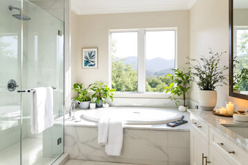 A luxurious guest bathroom complete with spa-like elements, a large soaking tub, and elegant touches.
