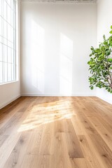 A room with a large window and a plant in it