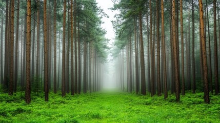 Obraz premium Foggy Morning in a Serene Pine Forest