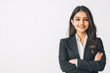 Portrait of a business smiling Indian woman about 30 years old in a business suit on a bright background in the studio