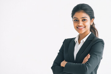 Portrait of a business smiling Indian woman about 30 years old in a business suit on a bright background in the studio