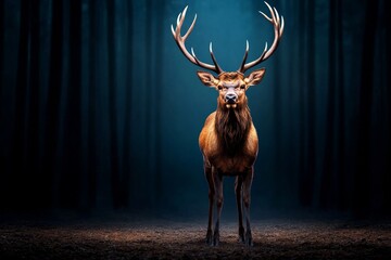 A gothic-style deer with shadowy fur and twisted antlers, standing in a dark, misty forest illuminated by moonlight